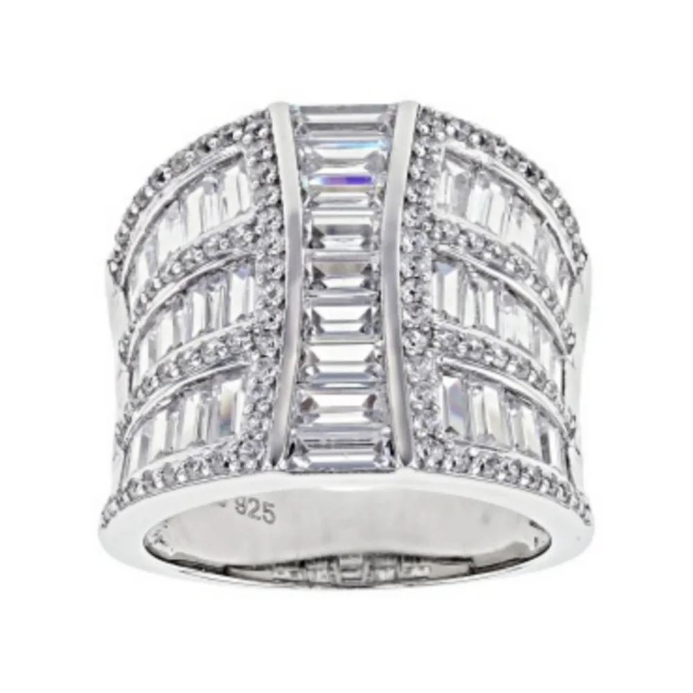 Tapered Baguette & Round White Diamond Sterling Silver Ring Sz 8